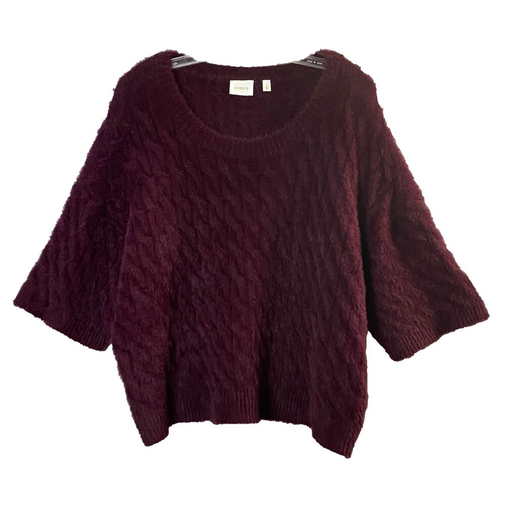 Cyrus Fuzzy Cable Knit Sweater Dolman Short Sleeves Size Large Burgundy NWOT